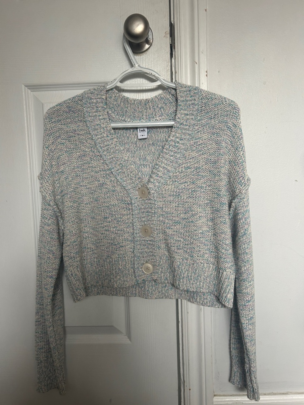 twik Heathered Mint-Blue Cropped Button Cardigan